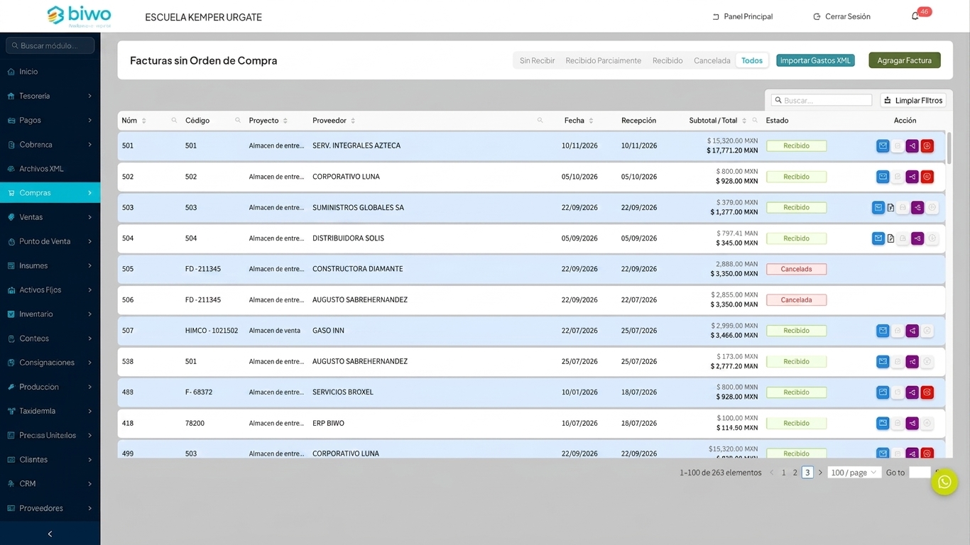 Listado de facturas sin orden de compra en BIWO ERP con proveedor, estado de recepción y complemento de pago.