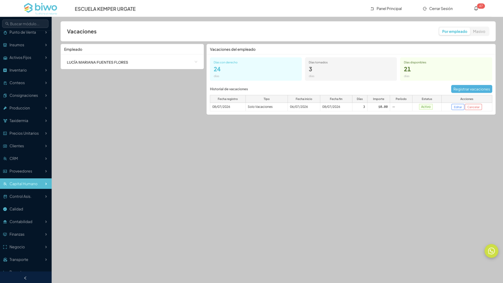 Pantalla de vacaciones en BIWO ERP con búsqueda de empleado y registro individual o masivo.