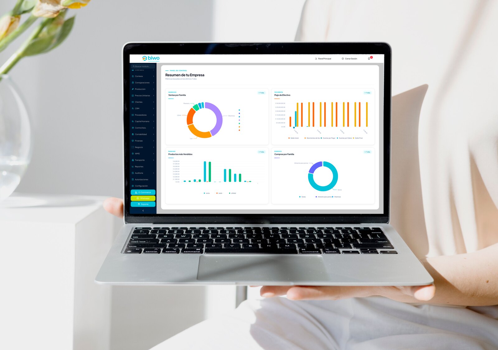 Panel de control de BIWO ERP en una laptop: resumen de la empresa con ventas por familia, flujo de efectivo, productos más vendidos y compras por familia.