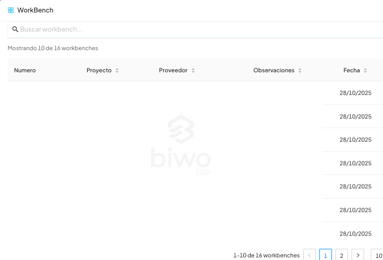 Imagen temporal del módulo Workbench en BIWO ERP