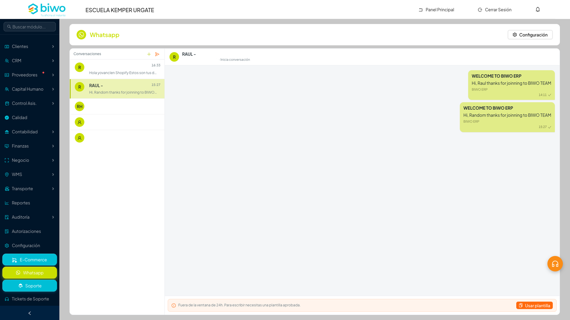 Imagen temporal del módulo WhatsApp Business en BIWO ERP