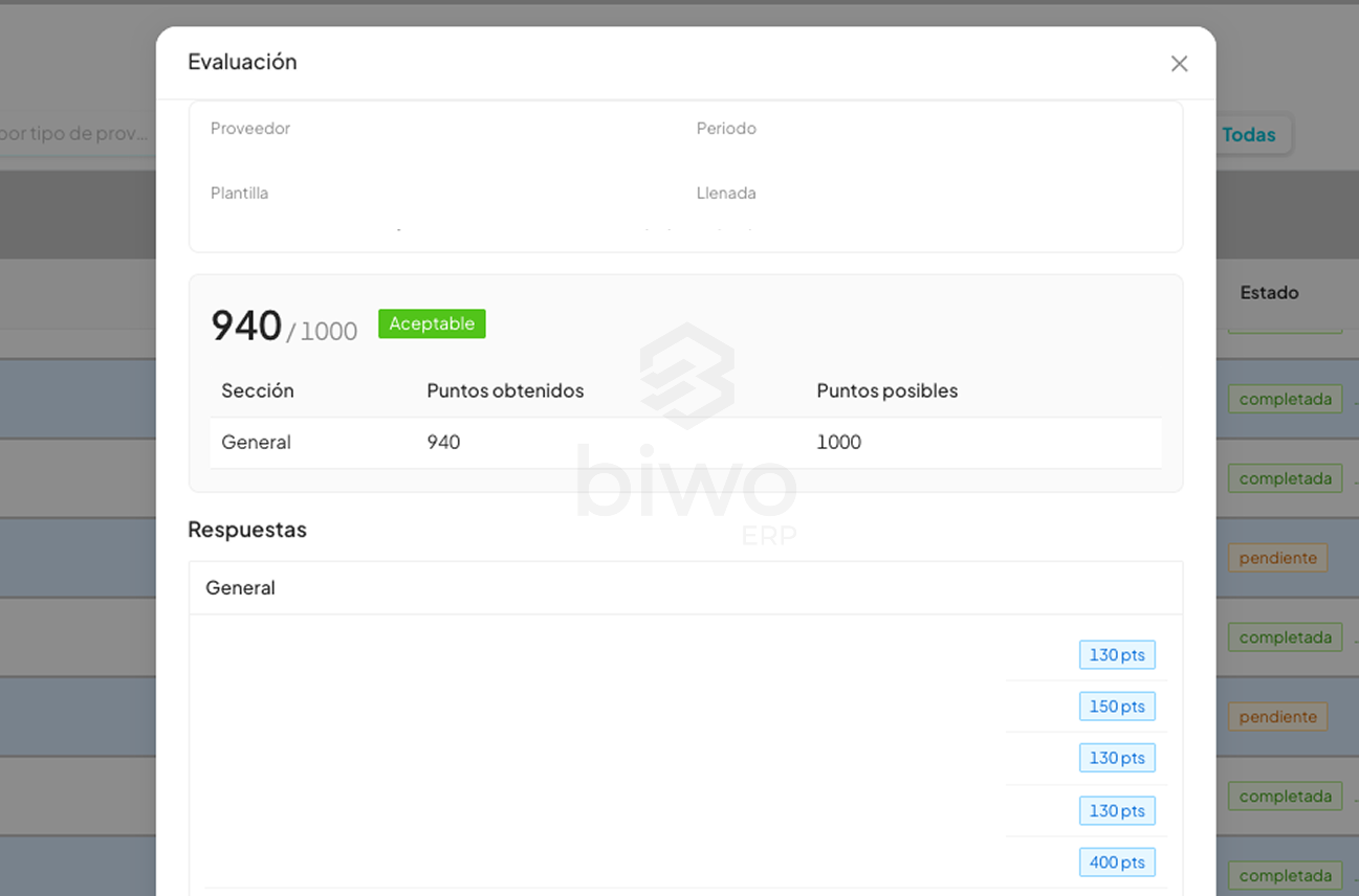 Imagen temporal del módulo Evaluación de Proveedores en BIWO ERP